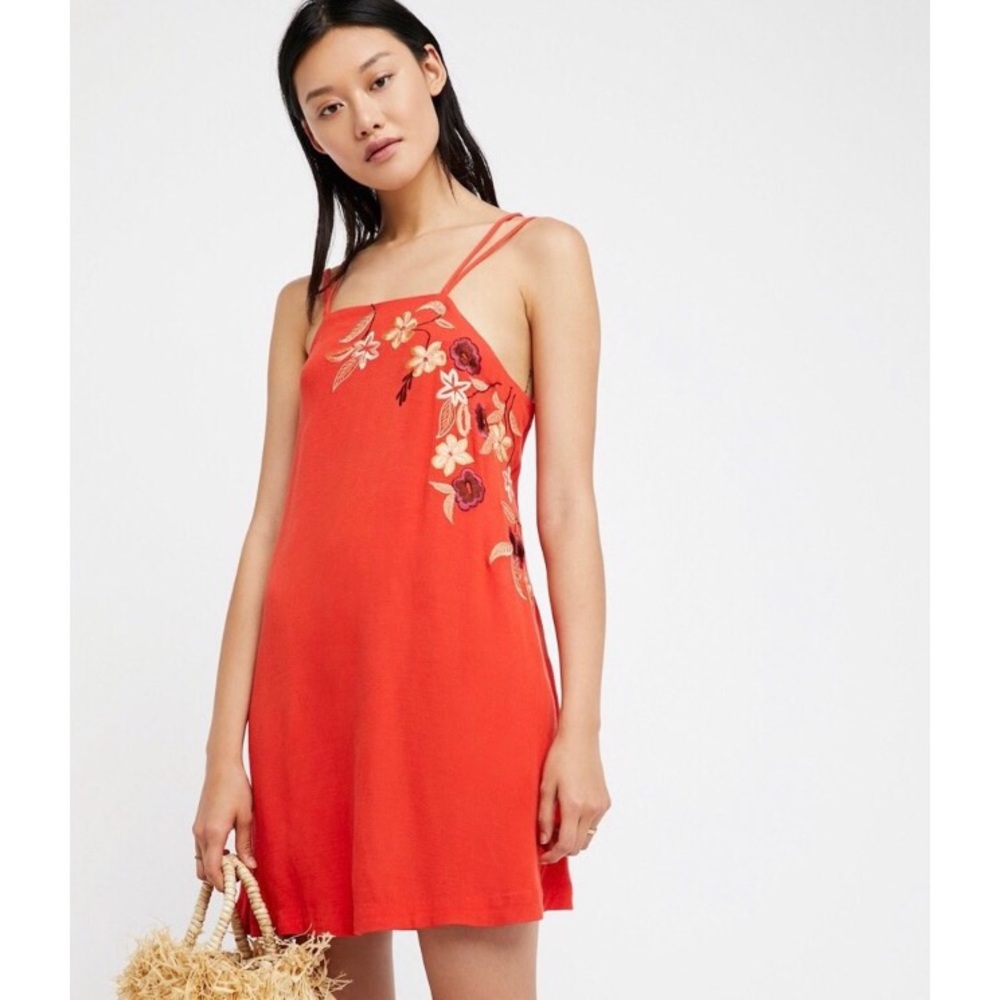 NWOT Free People Orange Embroidered Floral Dress